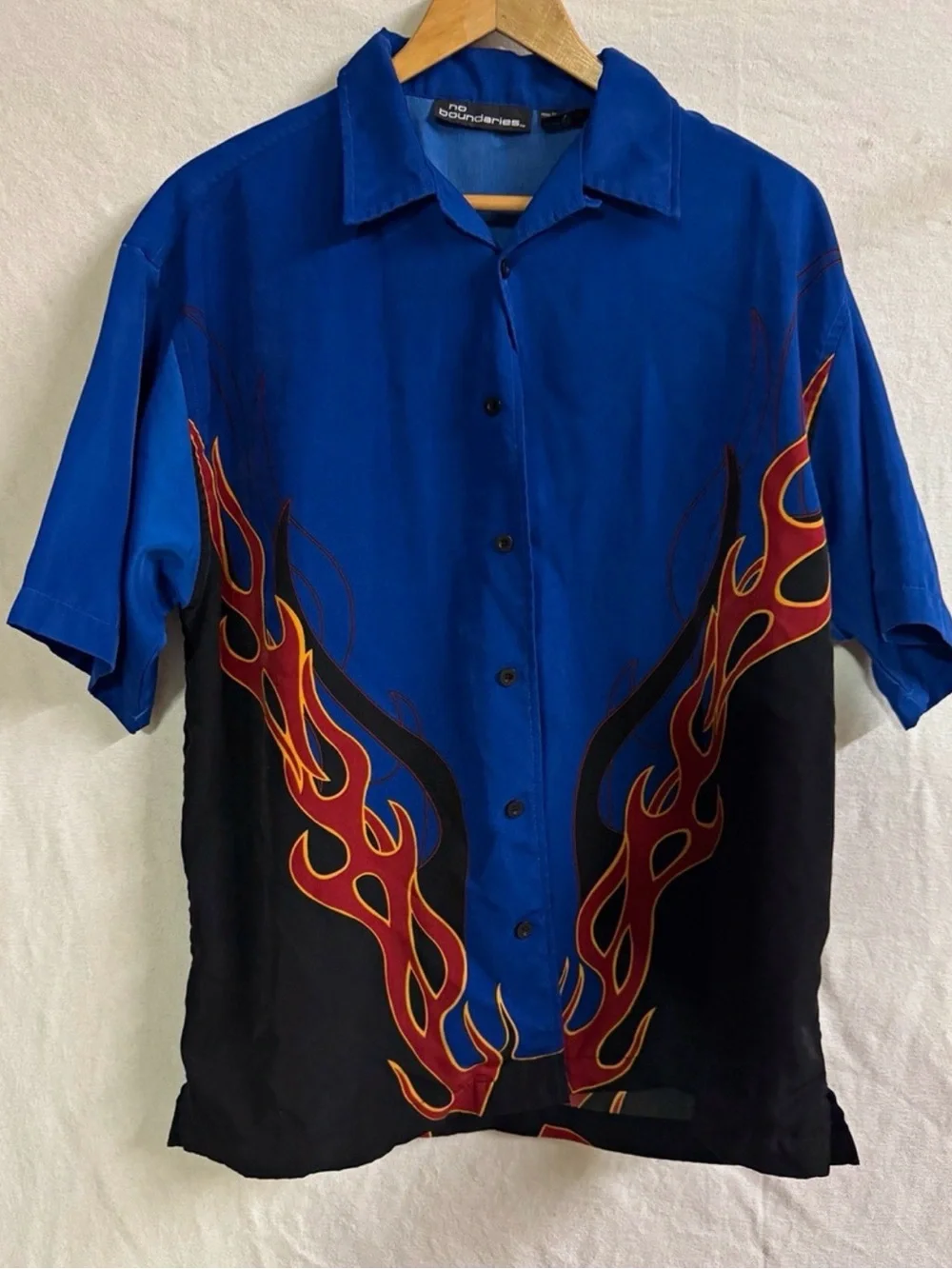 Vintage Y2K No Boundaries Flame Bowling Shirt Men’s M Blue Black Hot Rod